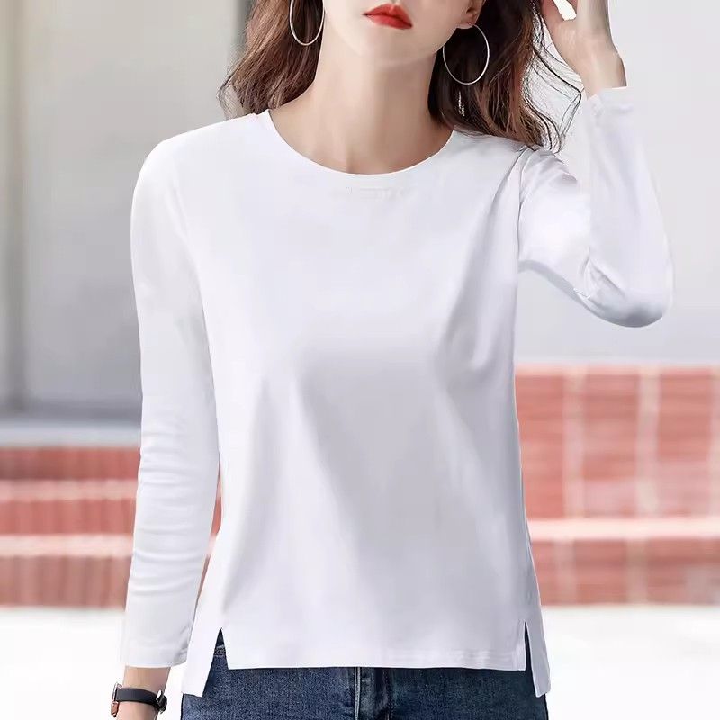 白色長袖T恤女下擺開叉寬鬆短款女裝上衣小個子洋氣開叉打底上衣