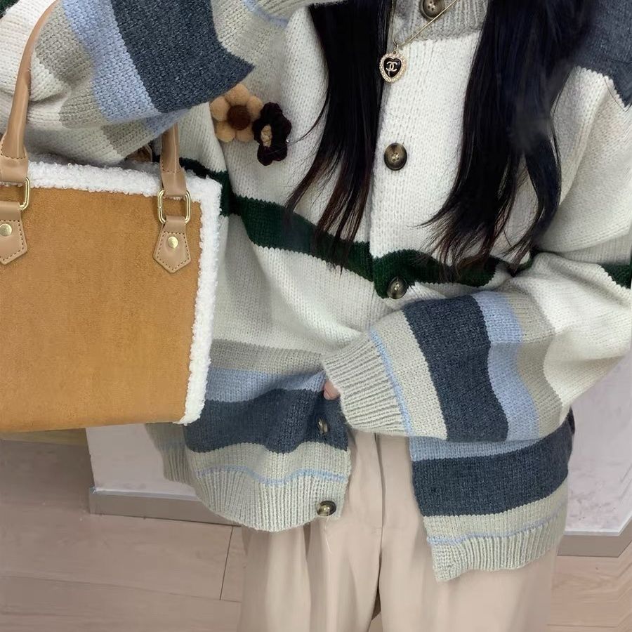 Contrast color striped sweater for women  autumn and winter new Korean style retro gentle lazy style loose knitted cardigan jacket