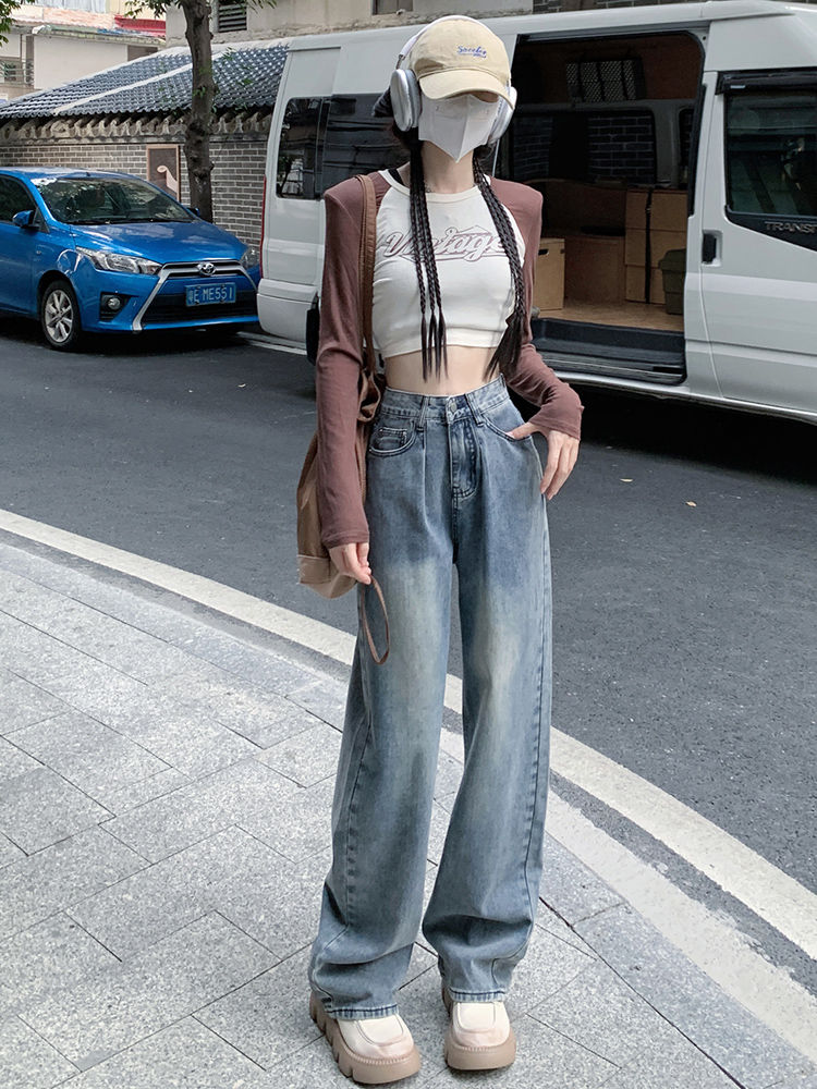 美式復古牛仔褲女2023秋季新款高腰寬鬆直筒顯瘦闊腿拖地褲ins潮