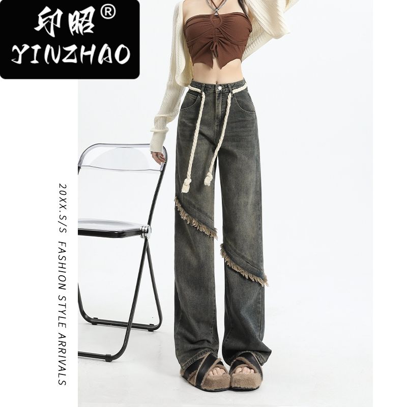 【印昭YINZHAO】2023年新款高腰闊腿牛仔褲女寬鬆美式設計感褲子
