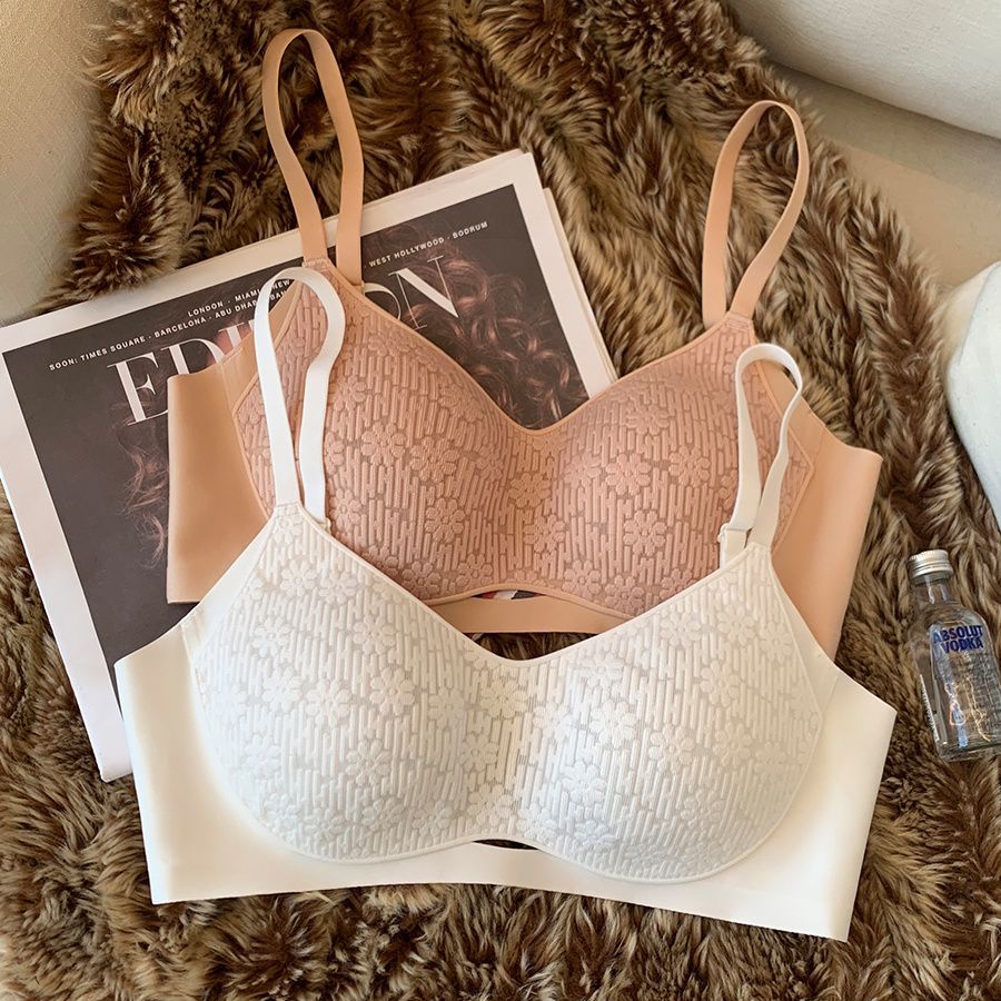 Seamless thin-cup lace underwear for women, soft, big breasts, small breasts, slightly push-up, no steel ring, breast-retracting bra