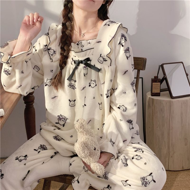 珊瑚絨睡衣女秋冬季加厚法蘭絨韓版甜美可愛女士家居服網紅風套裝