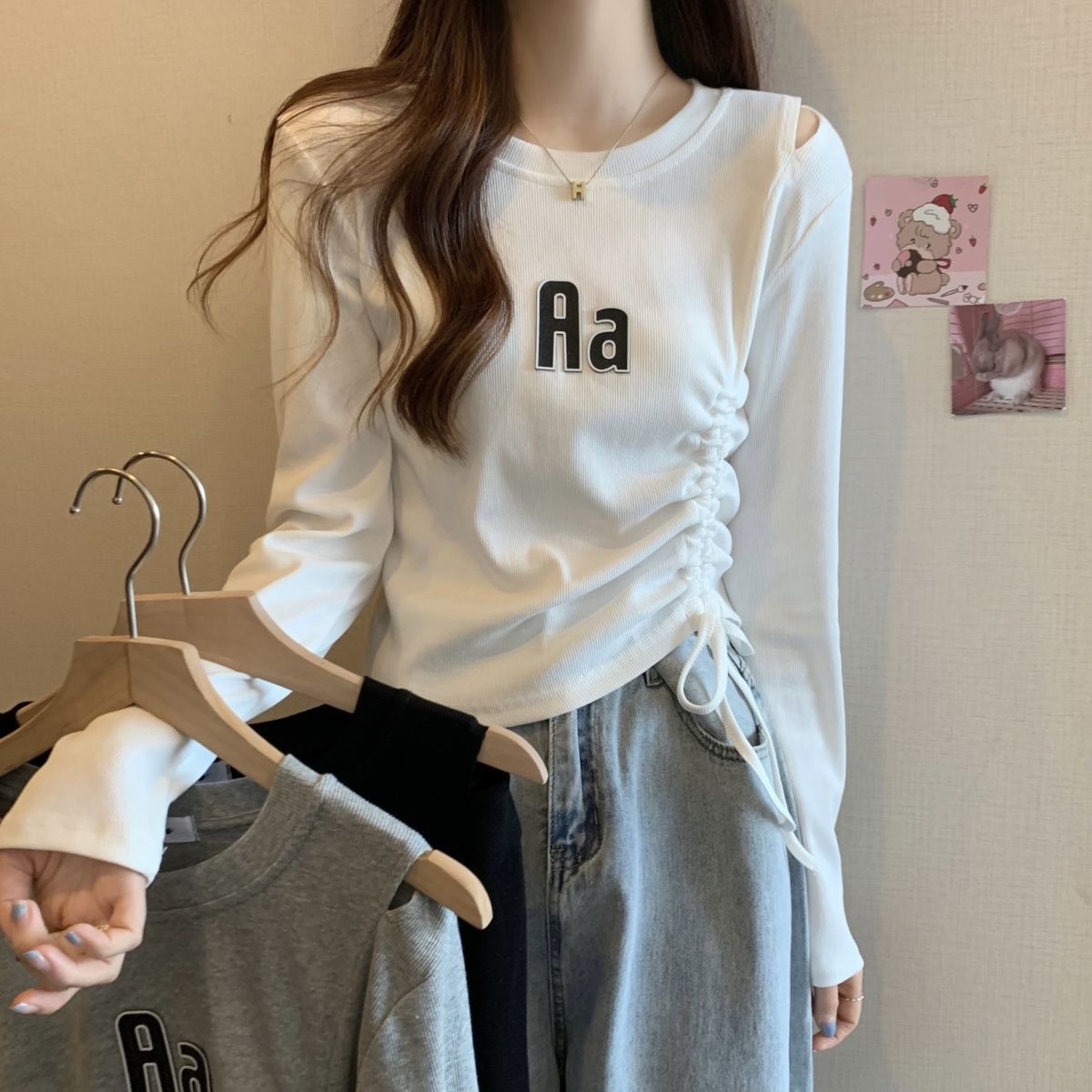 甜辣風鏤空露肩長袖t恤女秋季內搭打底衫設計感小眾抽繩短款上衣