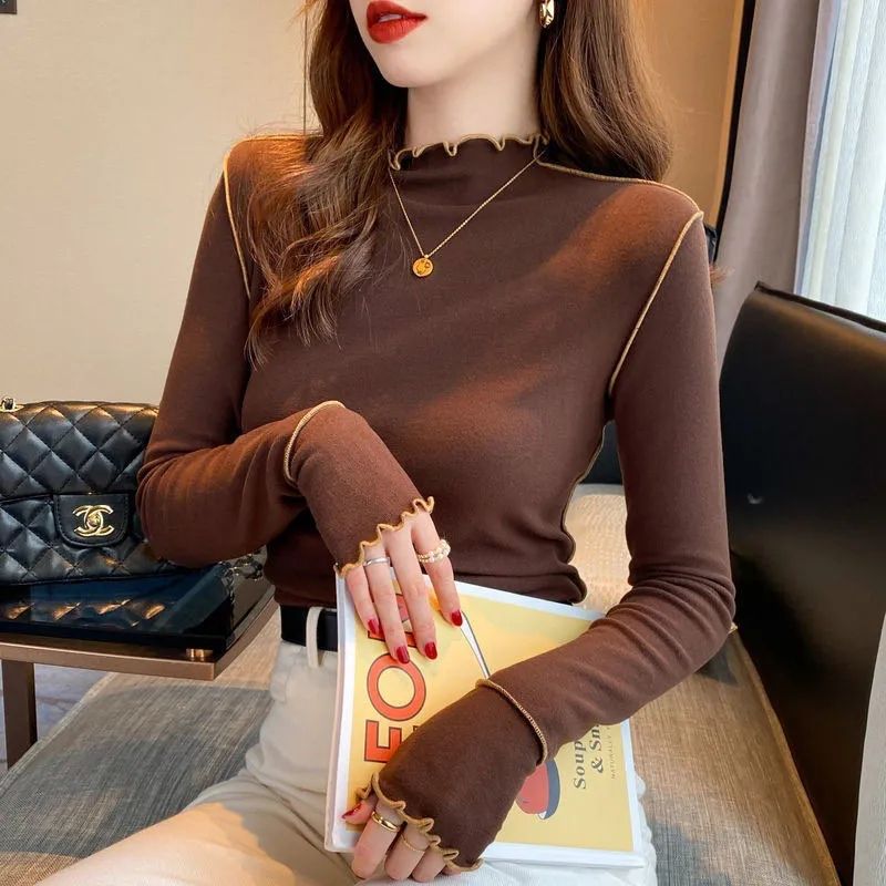 [Hot Sale] Reversible German velvet bottoming shirt for women in autumn and winter, warm half-turtle collar, fungus-edged long-sleeved inner top for women