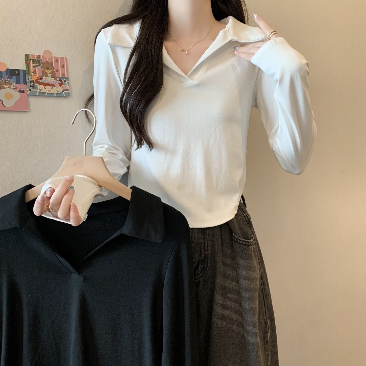 時尚別致Polo領氣質減齡顯瘦上衣女秋季新款內搭外穿長袖打底衫女