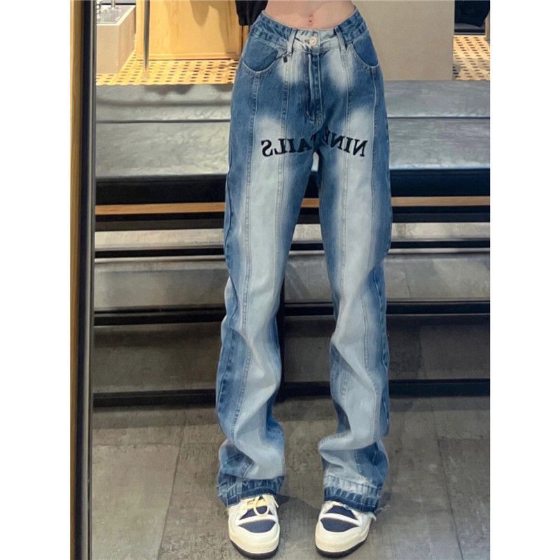 美式炸街漸變藍色微喇叭牛仔褲女設計感字母刺繡高腰顯瘦直筒長褲