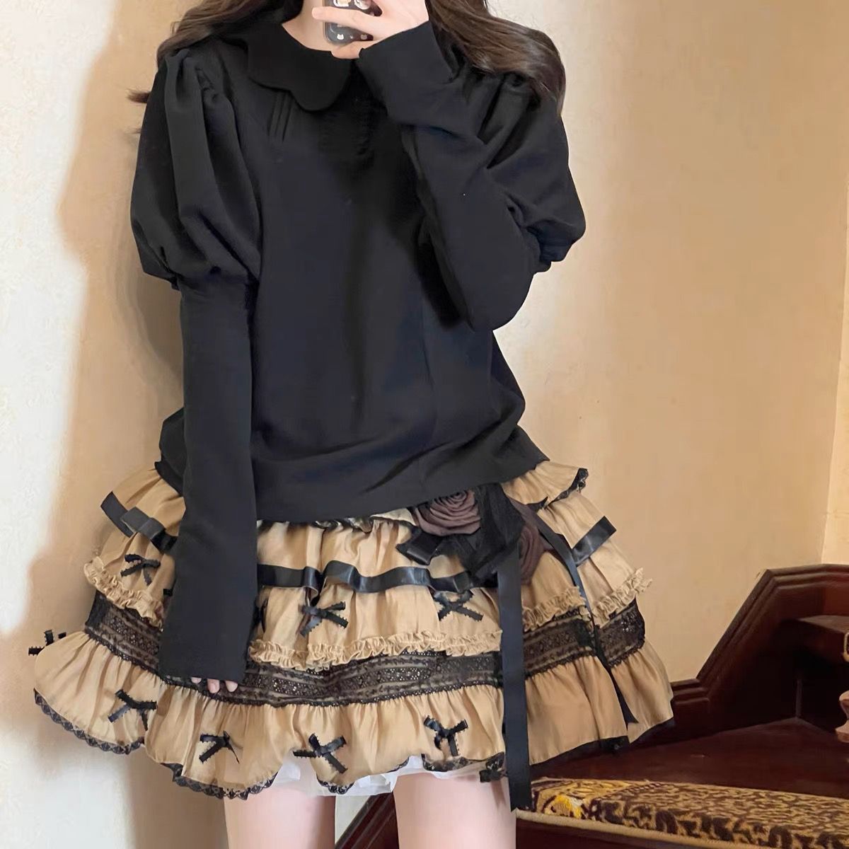 秋冬新款日系甜美牛奶泡芙內搭可愛花邊娃娃領百搭打底衫女上衣