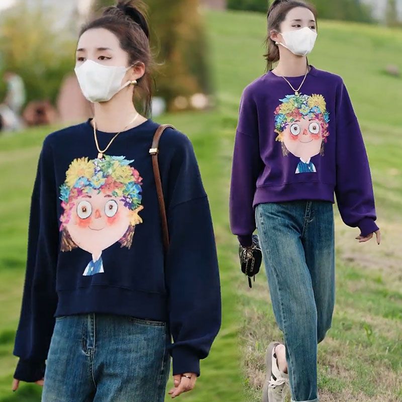 藍海奕諾塗鴉印花套頭衛衣女2023秋季新款韓版小個子寬鬆顯瘦上衣