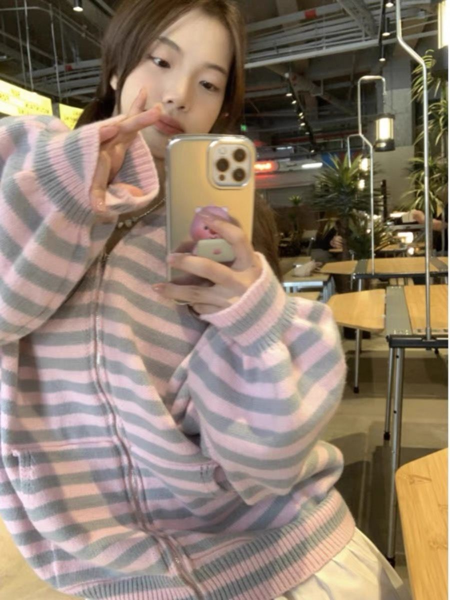 條紋兔子耳朵連帽針織開衫外套女秋季薄款毛衣寬鬆中長款寬鬆上衣