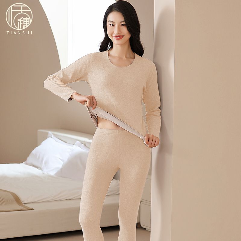 羊絨蠶絲無痕發熱保暖秋冬季內衣女士加厚加絨打底衫抗菌秋衣套裝