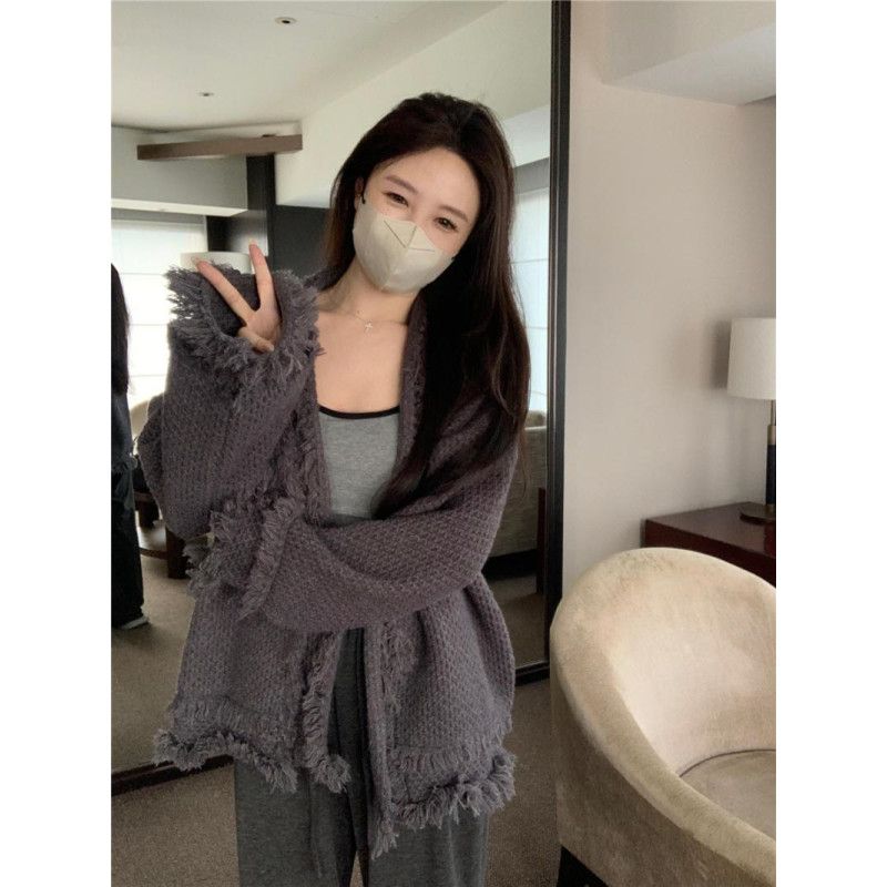 法式流蘇毛衣外套女秋冬慵懶風軟糯糯寬鬆針織開衫中長款氣質上衣