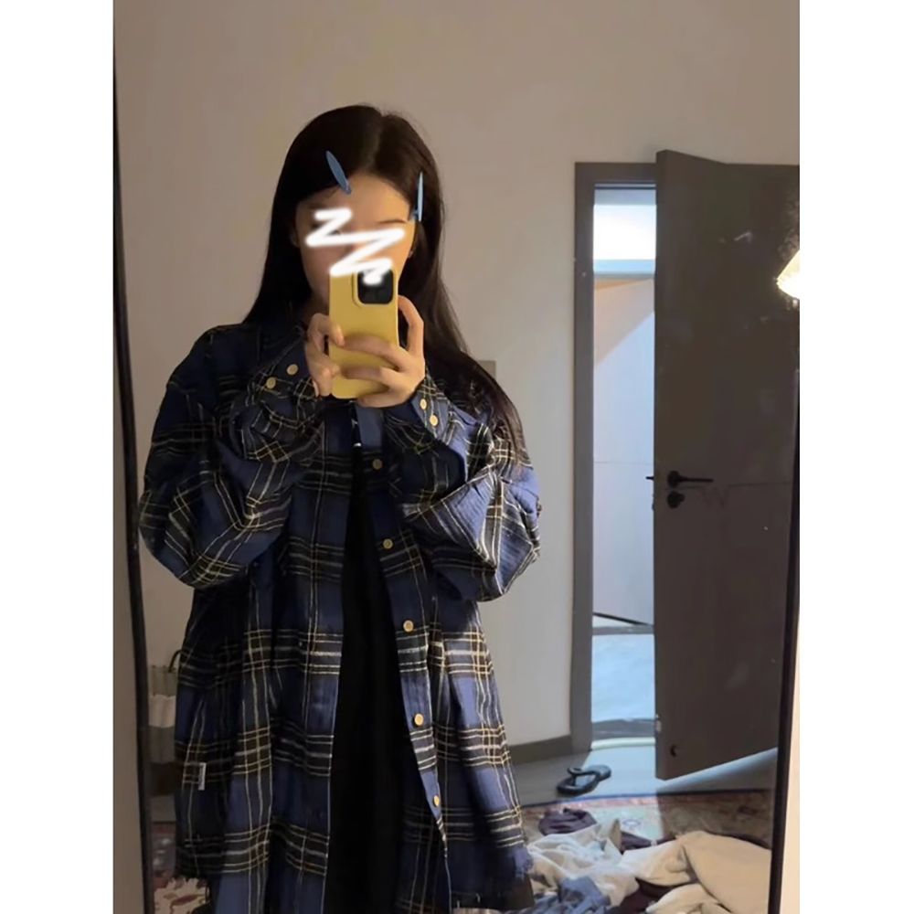 英倫風磨毛格子長袖襯衫女秋季2023新款設計感小眾寬鬆外套上衣潮