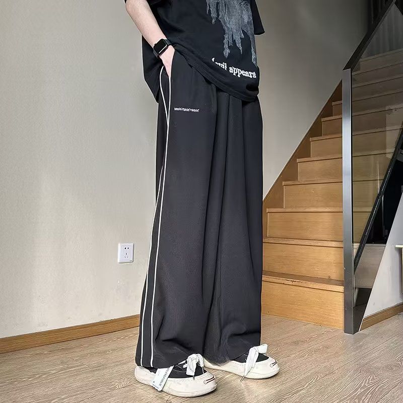 美式復古闊腿運動褲男女側條紋寬鬆直筒休閒褲百搭衛褲拖地長褲潮