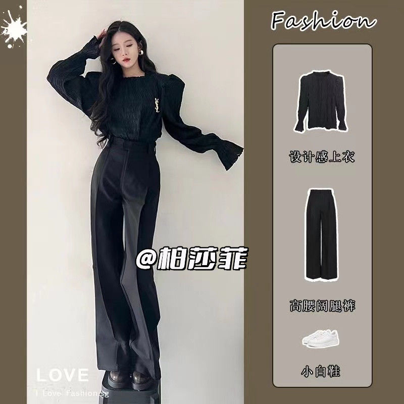 套裝女2023秋季新款高級感燈籠袖襯衫設計感上衣高腰顯瘦西裝長褲