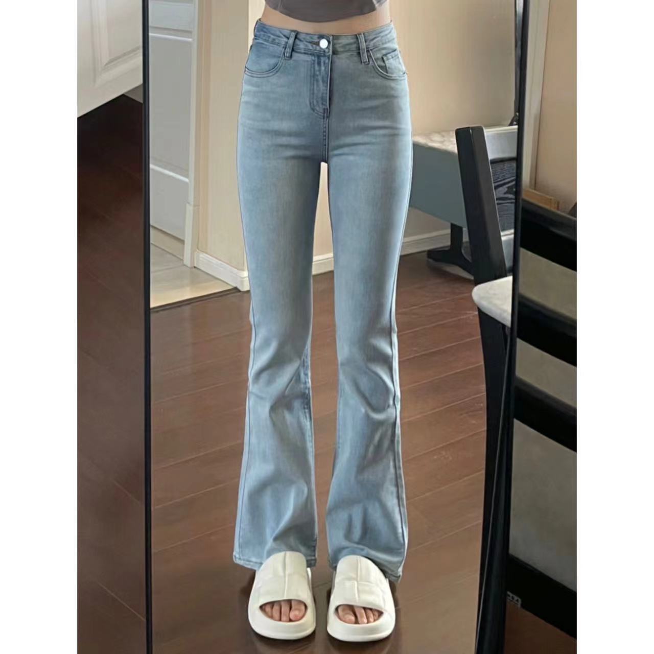 秋冬季淺藍微喇叭牛仔褲女顯瘦馬蹄褲子彈力美式潮流拖地長褲水洗