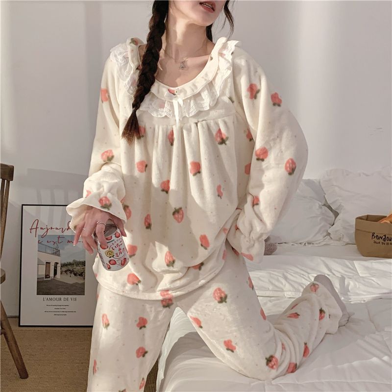 珊瑚絨睡衣女秋冬季韓版甜美可愛公主風家居服法蘭絨加厚套裝春秋