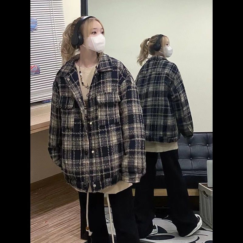 小香風棉服外套男款冬季加厚毛呢絨格紋襯衫高級感情侶工裝夾克