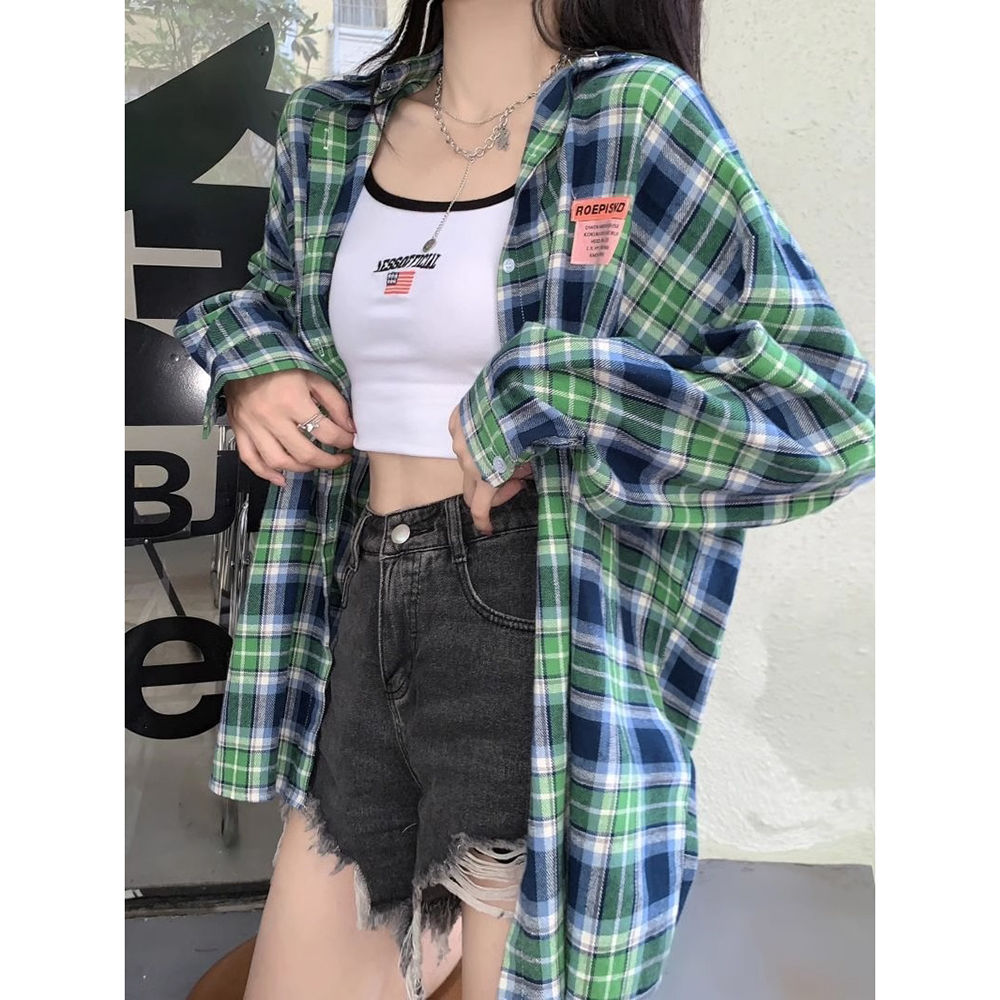 綠色格子長袖襯衫女秋季2023新款寬鬆韓版設計感小眾別致外套上衣