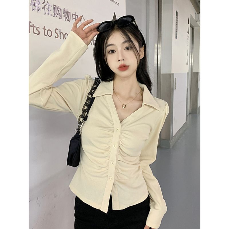 大碼微胖秋季翻領褶皺長袖正肩襯衫女胖MM設計感小眾收腰顯瘦上衣