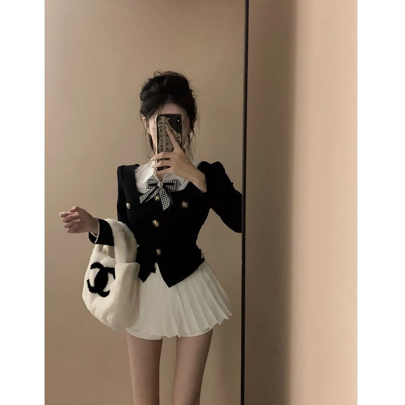 套裝女2023秋季新款學院風黑色修身短款外套POLO領襯衫高腰半身裙