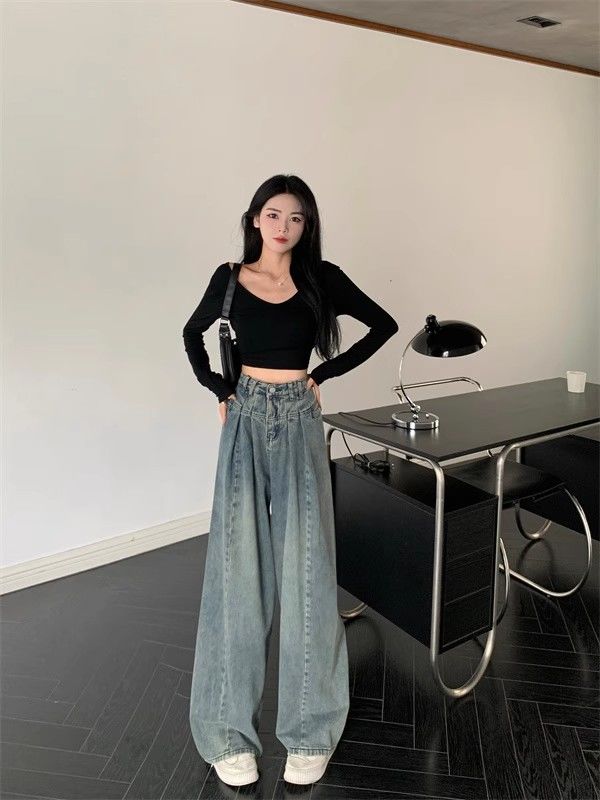 做舊復古高腰垂感牛仔褲女2023秋季新款寬鬆顯瘦闊腿直筒拖地長褲