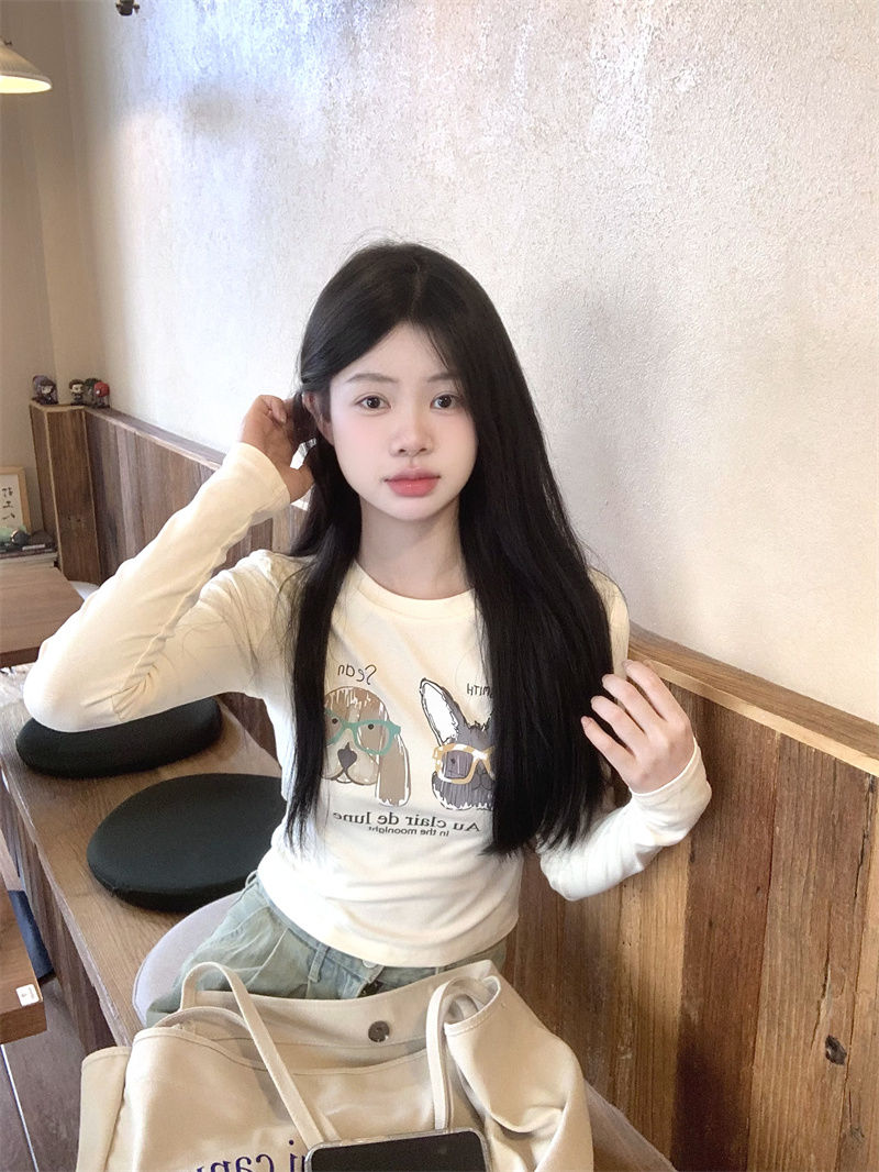韓版可愛卡通印花長袖T恤女2023秋季甜美修身顯瘦打底衫百搭上衣