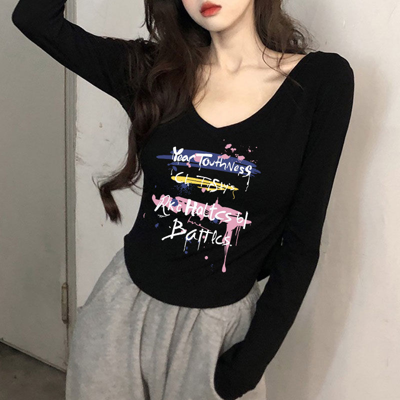 秋冬季黑色V領長袖T恤女裝修身顯瘦不規則小眾高級感辣妹上衣ins