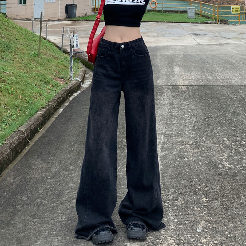 美式復古做舊闊腿牛仔褲女秋季小個子寬鬆高腰顯瘦垂感直筒拖地褲