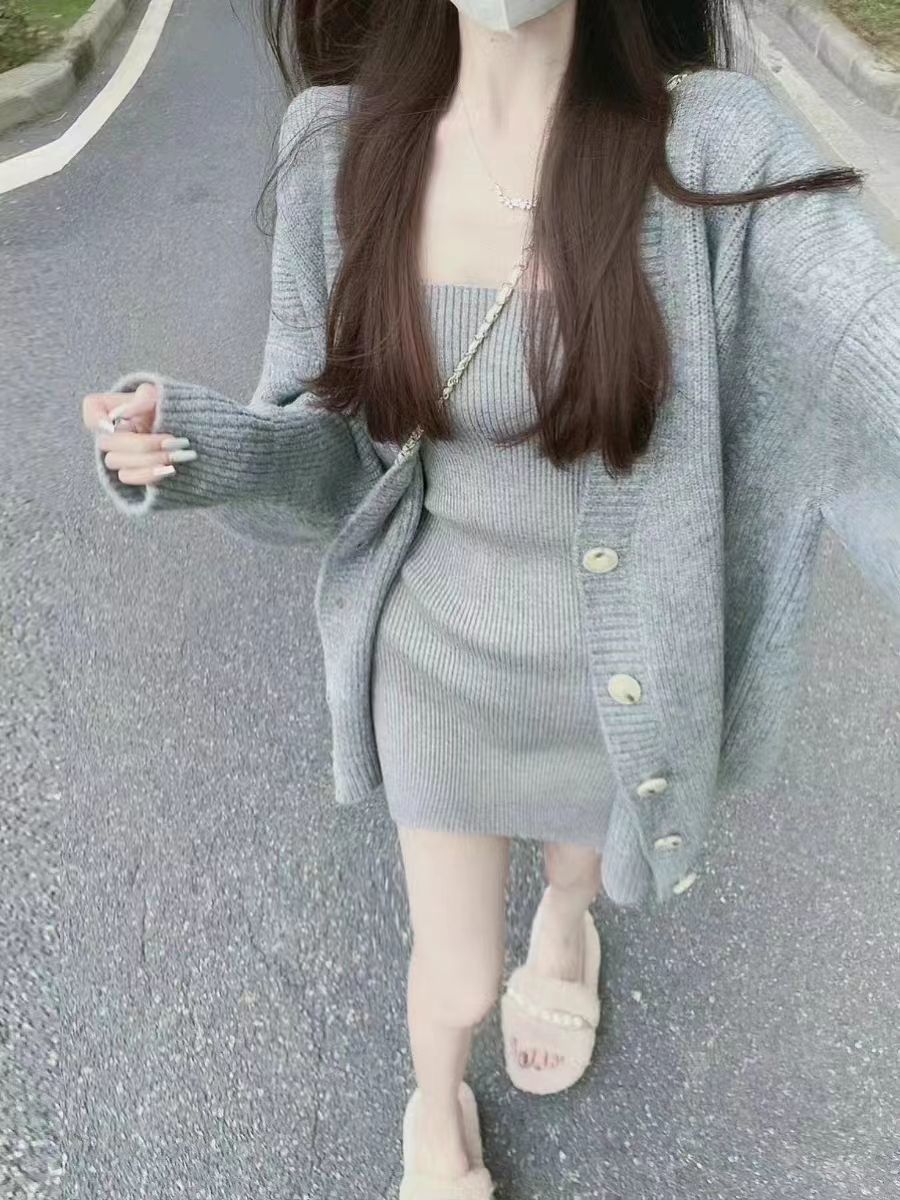 灰色奶系穿搭針織開衫外套女秋冬包臀性感毛衣裙甜辣氣質百搭套裝