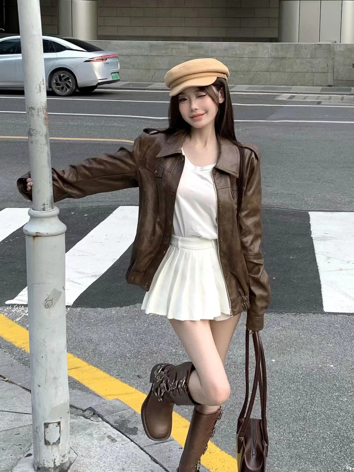 2023新款咖色pu皮夾克女春秋寬鬆高級感氣質休閒百搭開衫短外套潮