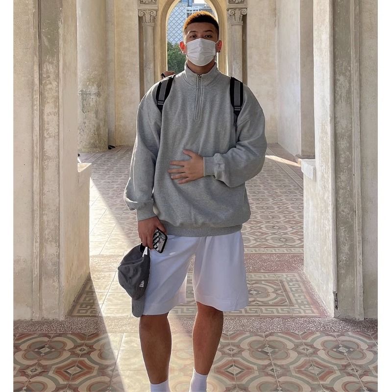 美式帥氣慵懶風純色Polo領純棉衛衣潮男春秋款寬鬆半拉鏈套頭上衣
