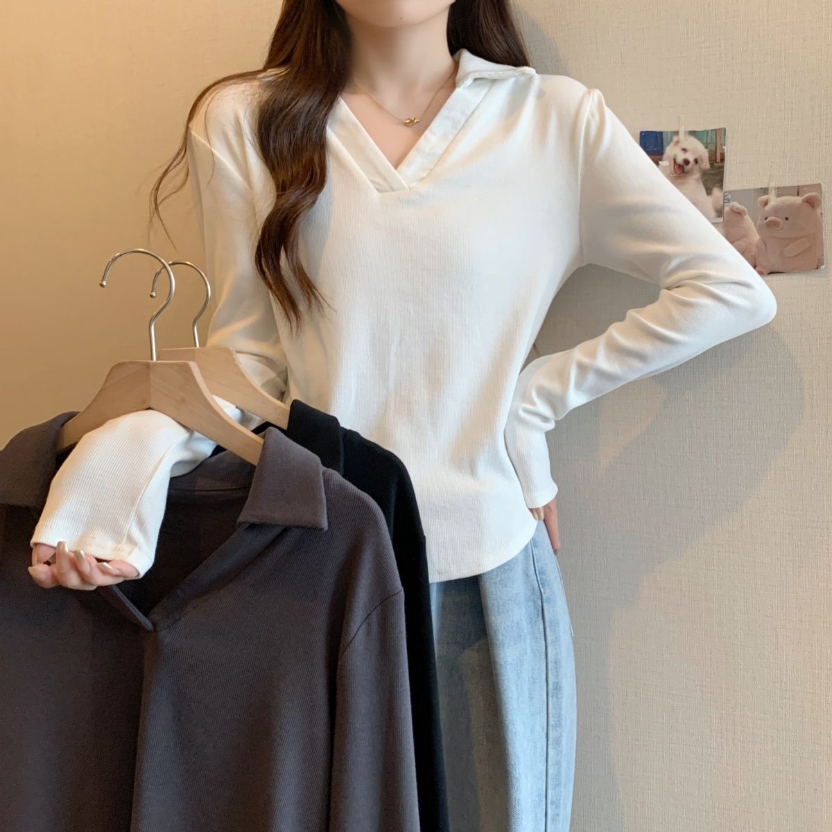早秋新款修身polo領長袖t恤女韓版時尚小清新白色辣妹短款上衣女