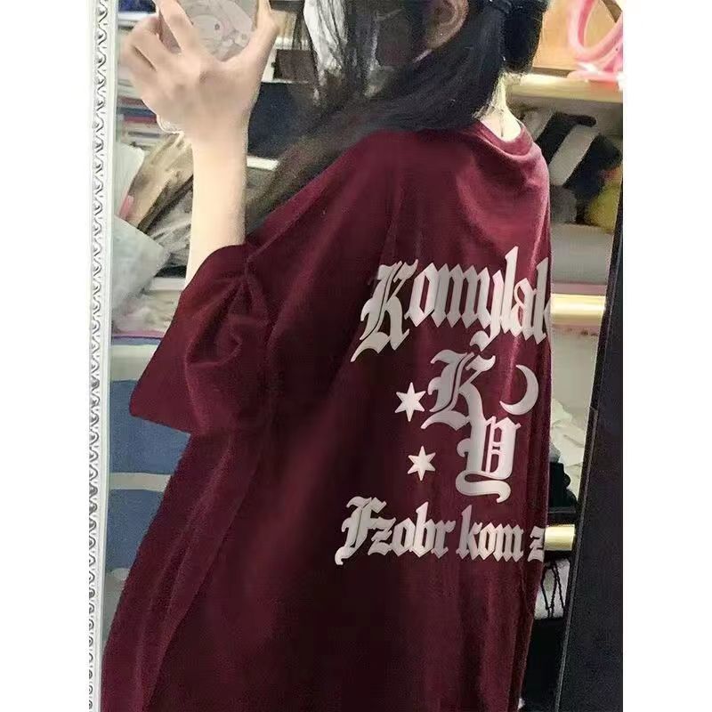 100%純棉美式復古酒紅色t恤女高街情侶oversize寬鬆短袖夏季上衣