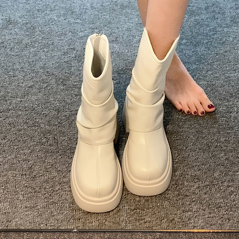 中筒靴女2023年新款時尚百搭復古顯瘦靴子女秋冬粗跟炸街瘦瘦靴潮