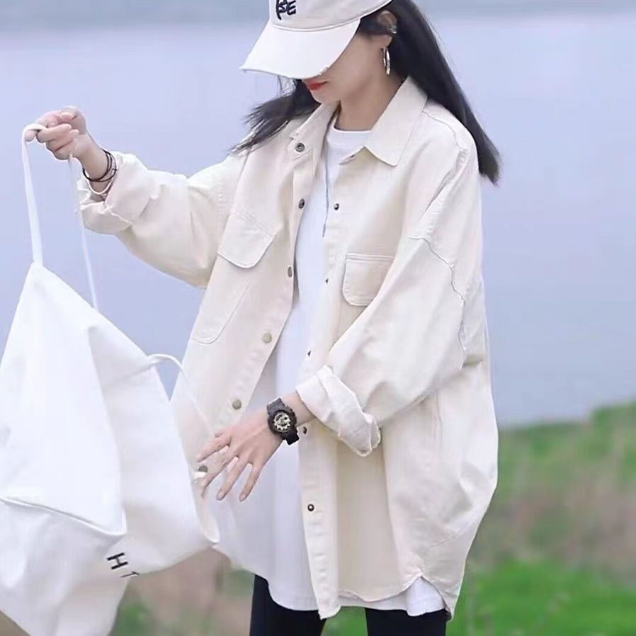 復古港風純棉時尚襯衫外套女秋2023新款休閒寬鬆顯瘦中長款上衣