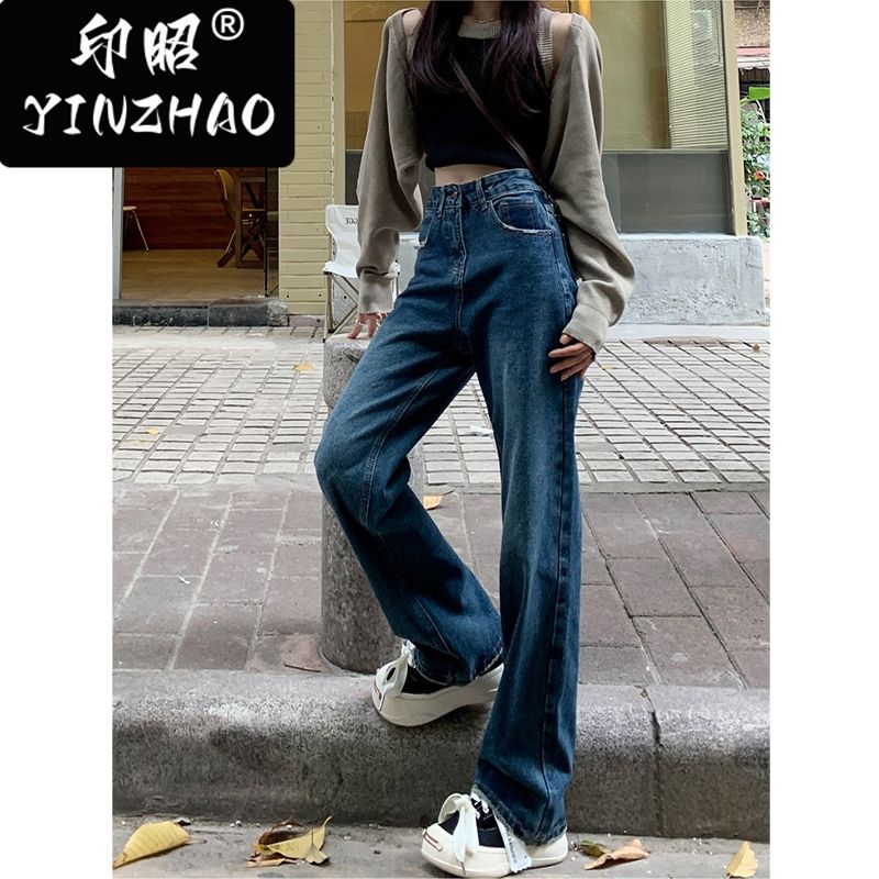 【印昭YINZHAO】闊腿牛仔褲女秋季新款復古藍直筒高腰顯瘦褲子