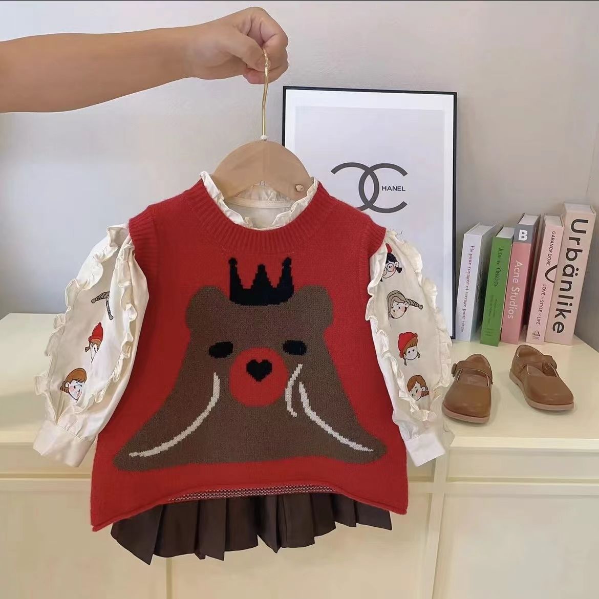 Children's shirt knitted vest two-piece set 2023 new girl's sweater vest baby girl's autumn suit