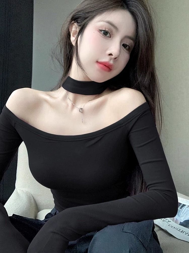 莫代爾辣妹一字肩掛脖長袖t恤女秋季修身內搭打底衫純欲短款上衣