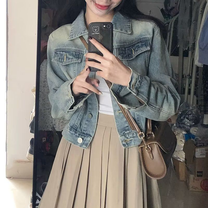 美式牛仔外套女2023春秋新款大碼胖mm復古設計感小眾短款夾克上衣