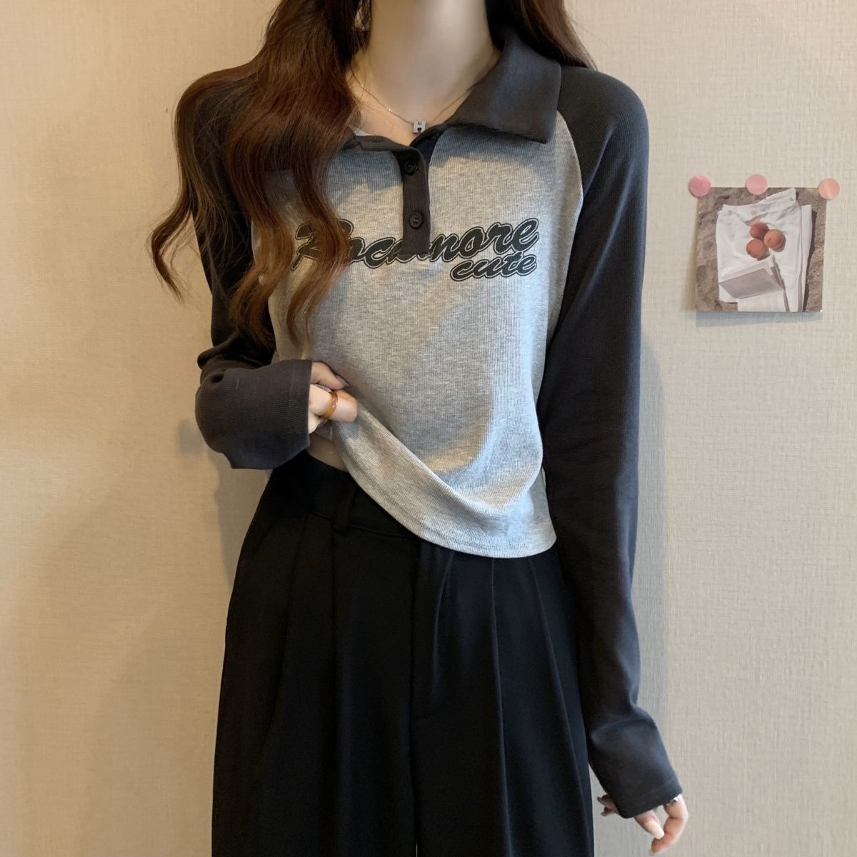 polo衫拼色短款打底衫長袖T恤女2023春秋新款韓版學院風百搭上衣