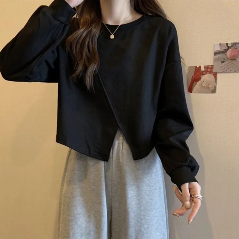 小個子不規則開叉短款圓領衛衣女春秋薄款外套寬鬆上衣搭配工裝褲