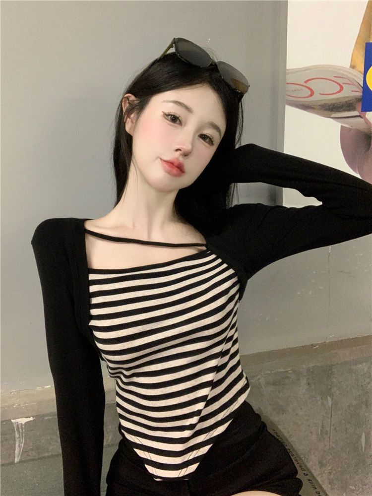 純欲甜辣妹性感短款上衣女秋冬別致內搭打底衫方領假兩件長袖t恤