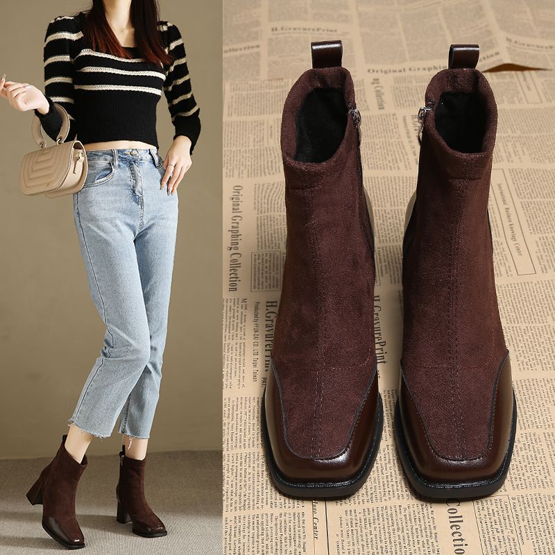 High-heeled boots for women in autumn and winter 2023 new fashion thick-heeled short boots for women Korean-style small ankle boots plus velvet thick-heeled slim boots