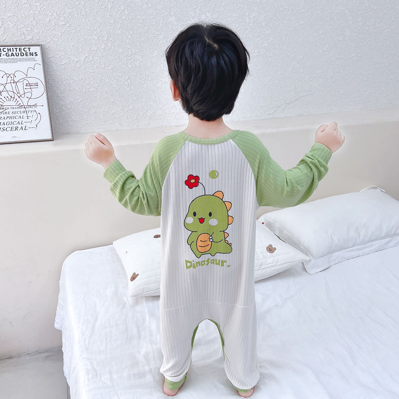 Boys' one-piece pajamas, spring and autumn Modal thin children's cartoon baby anti-kick baby boy's autumn home clothes