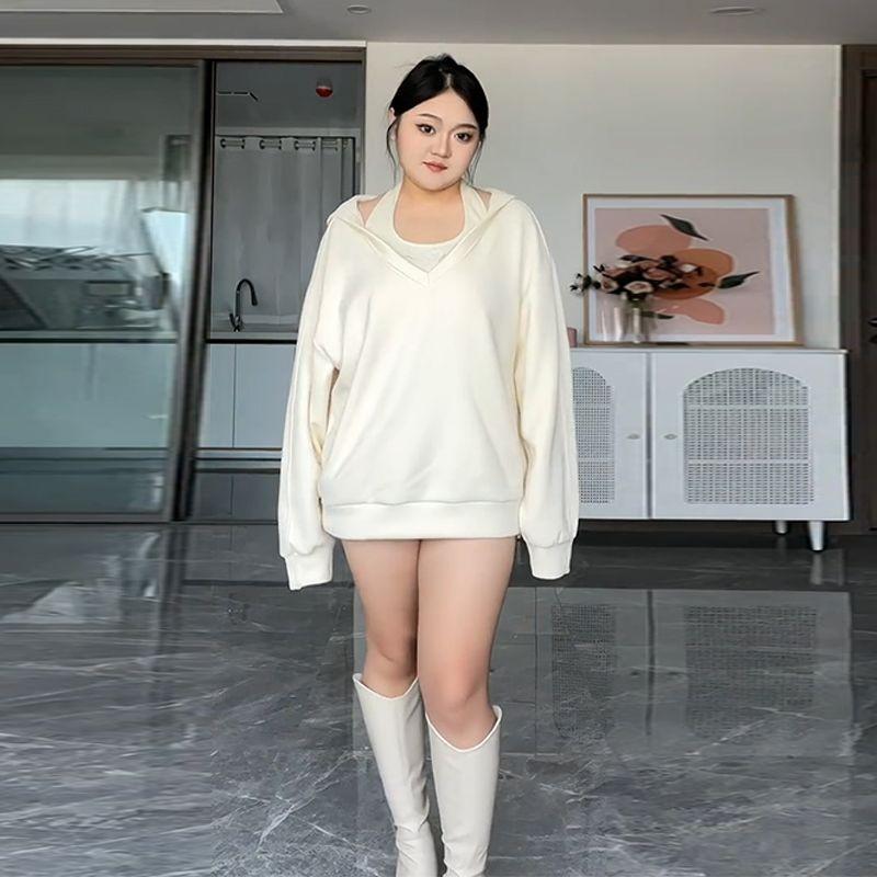 大碼胖mm寬鬆長袖上衣女秋季顯瘦遮肚子假兩件設計感小眾連帽衛衣