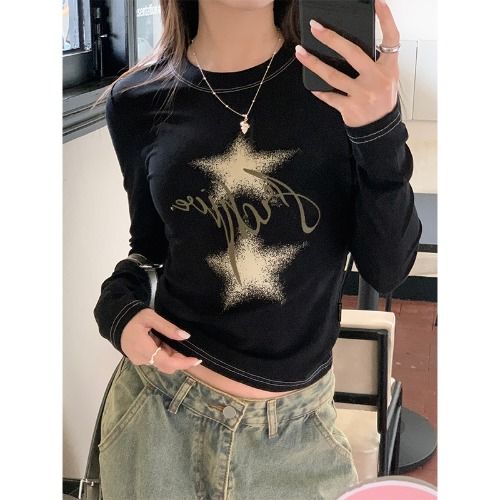 美式星星2023款印花長袖T恤女秋季甜辣妹彈力修身顯瘦打底衫上衣