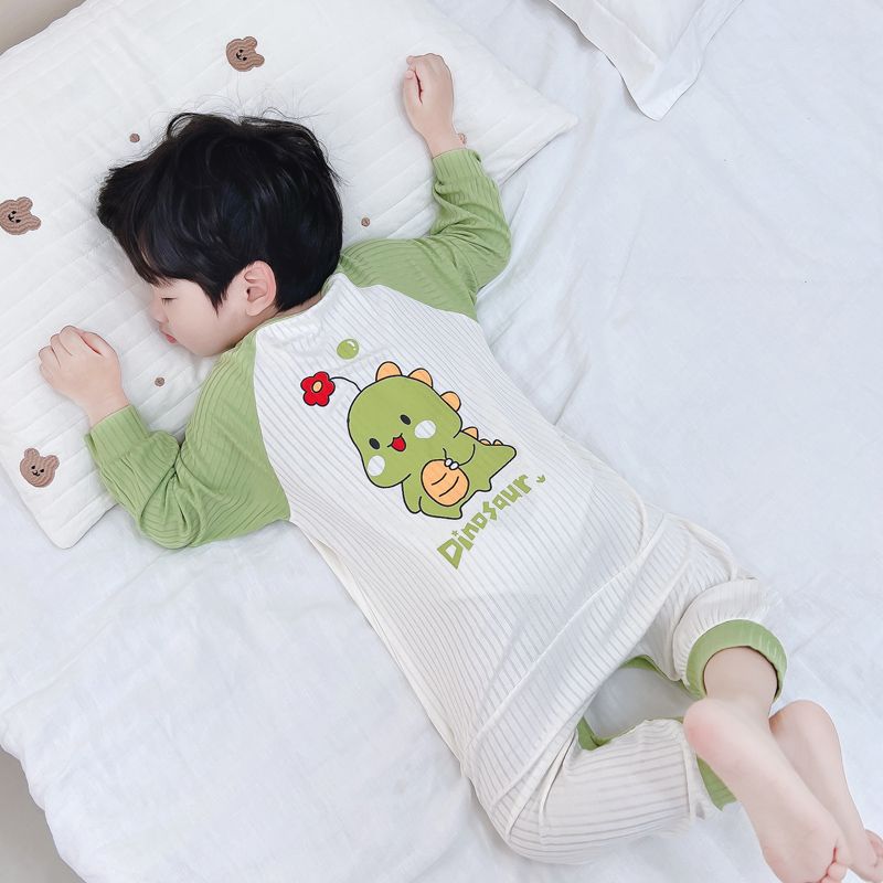 Boys' one-piece pajamas, spring and autumn Modal thin children's cartoon baby anti-kick baby boy's autumn home clothes