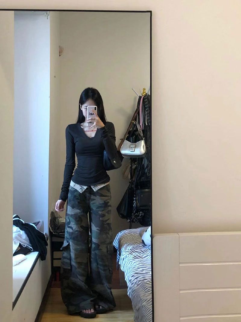 v領收腰打底衫女薄款春秋長袖t恤設計感美式辣妹修身時尚顯瘦上衣