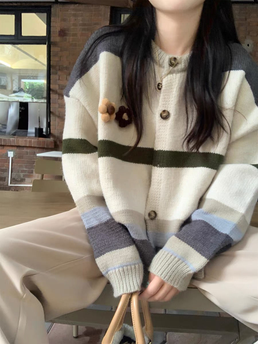 Contrast color striped sweater for women  autumn and winter new Korean style retro gentle lazy style loose knitted cardigan jacket