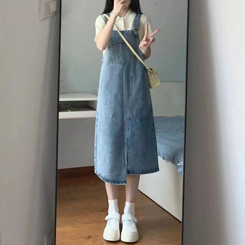 新款牛仔背帶裙大碼寬鬆顯瘦復古開叉不規則直筒連衣裙2023春秋季